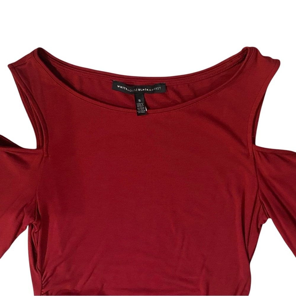 White House Black Market Red Long Sleeve Cold Shoulder Ruched Top Small - Picture 3 of 11
